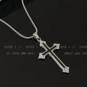 Men Women Silver Cross Pendant Necklace Stainless Steel Multilayer Christ Chain
