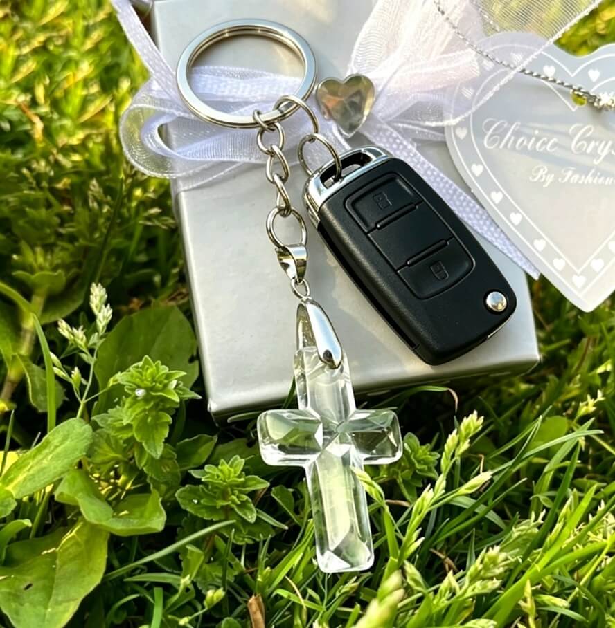Explore our Clear Cross Keychain, perfect Christian gift with a beautiful gift box included for loved ones.